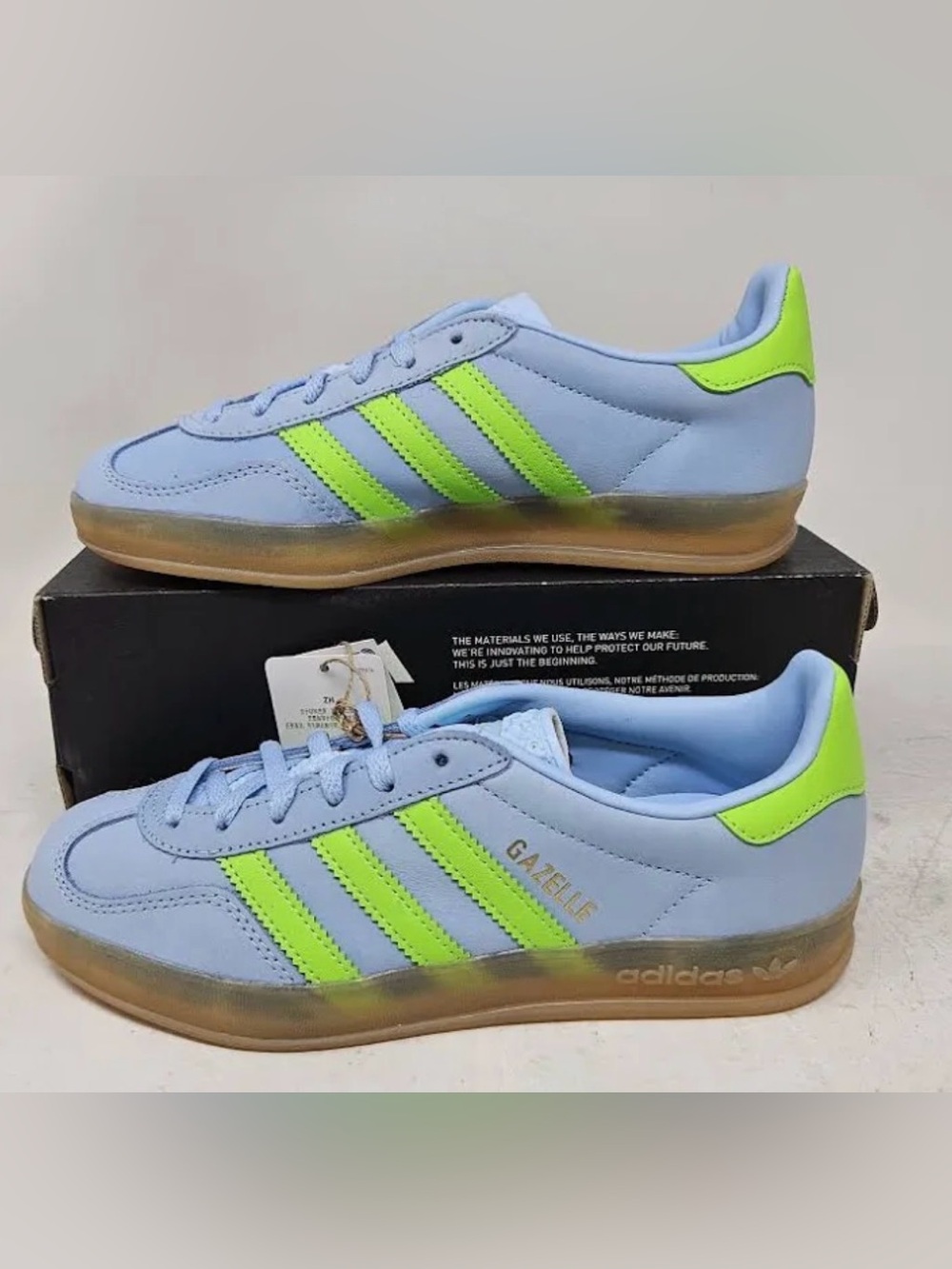 adidas baby blue Gazelle Sneakers with Neon green stripes